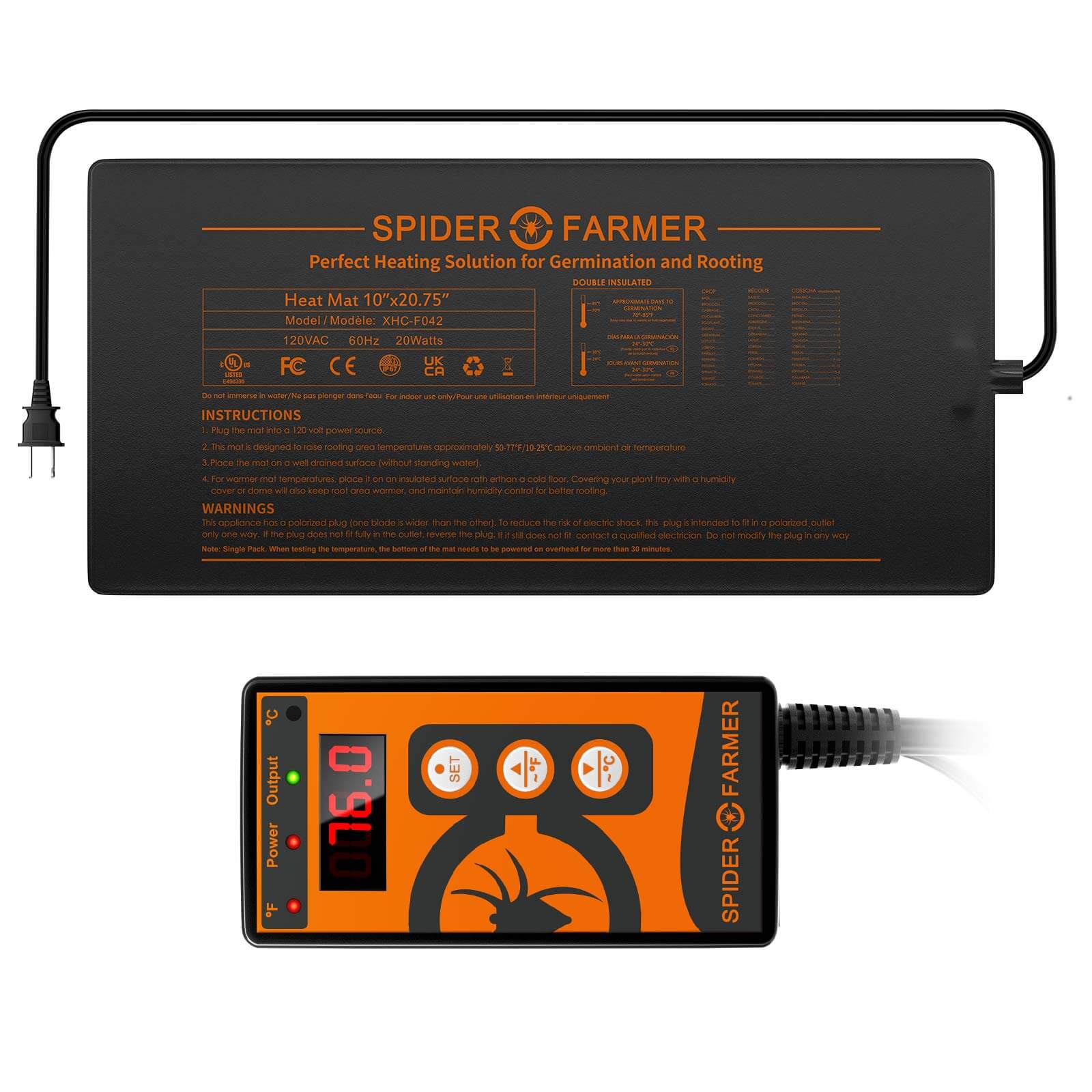 Spider Farmer 10”X20.75” Seedling Heat Mat & Controller Set