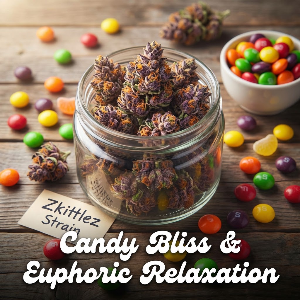 Illustration of Zkittlez Strain: Ultimate Indica for Euphoric Relaxation and Candy Bliss